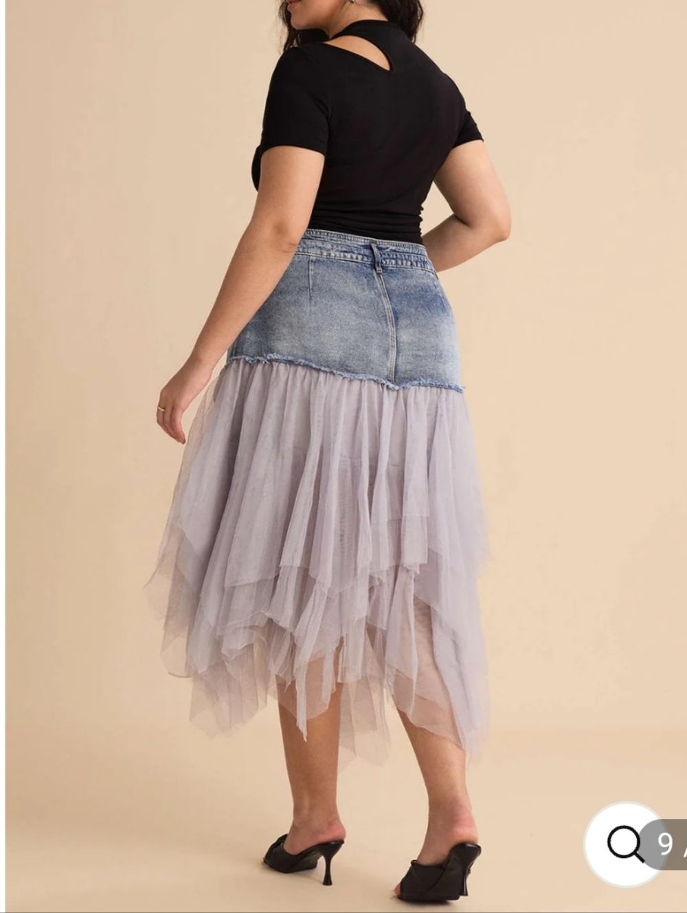 MICAS Denim Tulle Patchwork Highwaisted Festival, Fairy, Western Midi Skirt - Picture 3 of 13